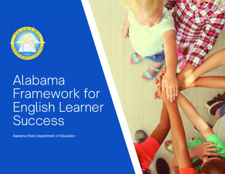 Cover for AL Framework for English Learner Success featuring group of children in circle placing hands on top of each other.