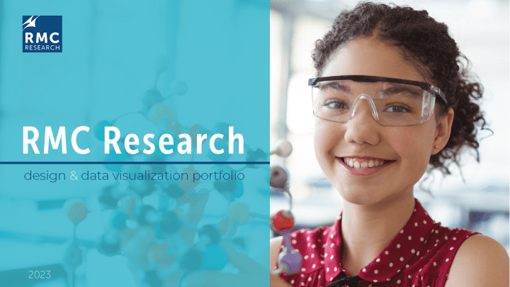 RMC Research design and data visualization portfolio report cover featuring a smiling female science student